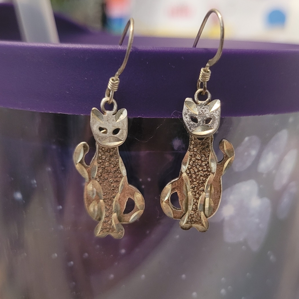 925 Sterling Silver Articulated Cat Dangle Earrings - 1970s Vintage Folk Art - Picture 6 of 12